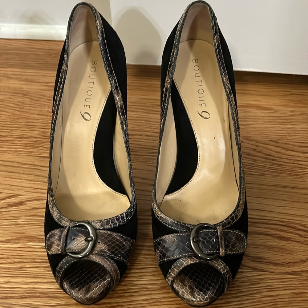 Black suede peep toe heels
